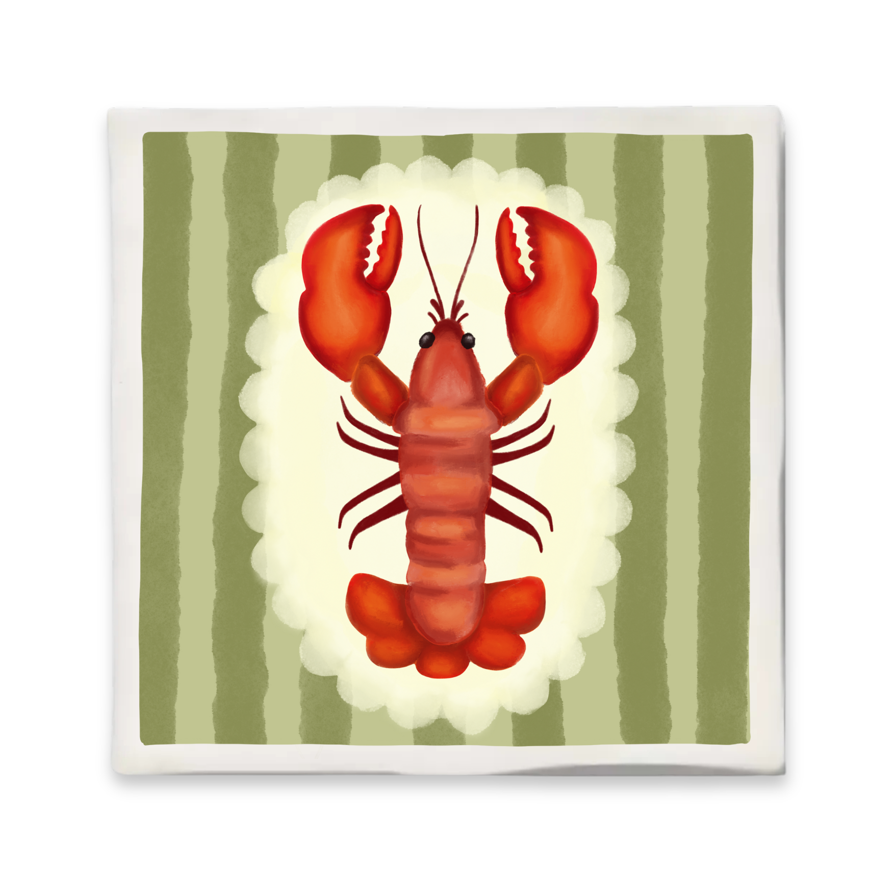 Keramisch tegeltje met een illustratie van een rode kreeft op een groene gestreepte achtergrond. Formaat 10x10 cm, met haakje om op te hangen
