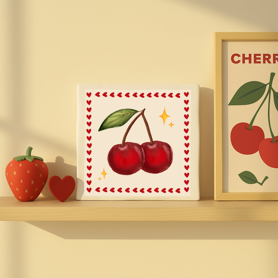 Tegeltje met illustratie - 10x10 cm - Kersen