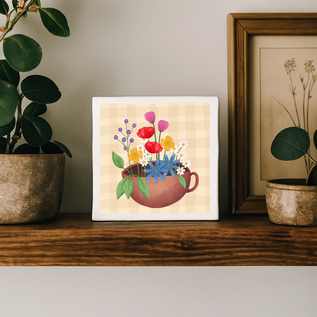 Tegeltje met illustratie - 10x10 cm - Mok met bloemen