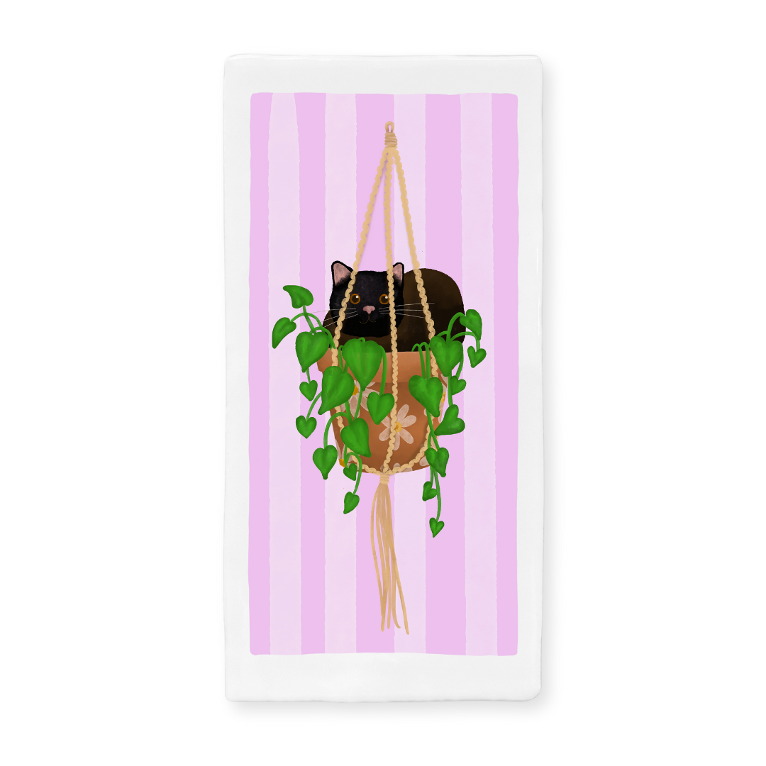 Tegeltje met illustratie - 7.5x15 cm - Zwarte kat in hangplant