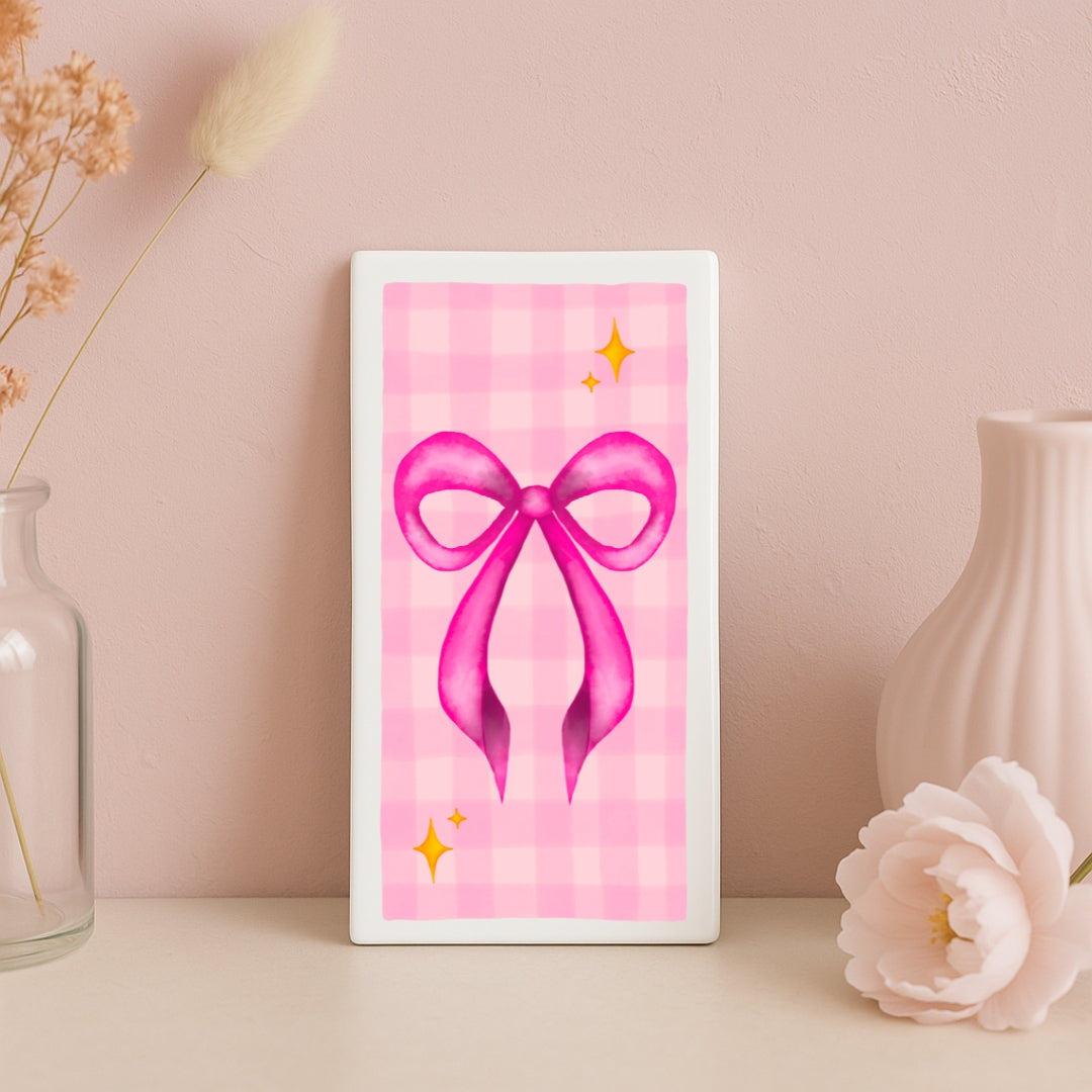 Tegeltje met illustratie - 7.5x15 cm - Roze strik