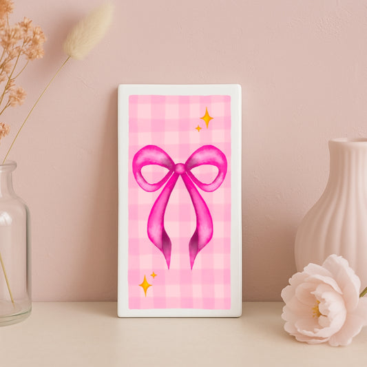 Tegeltje met illustratie - 7.5x15 cm - Roze strik