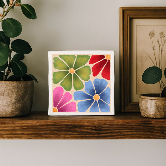 Tegeltje met illustratie - 10x10 cm - Kleurijke bloemen