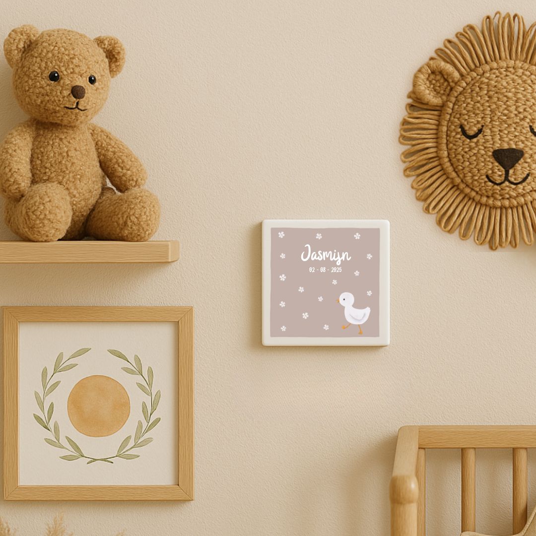 Custom tegeltje met illustratie - 10x10 cm - Eendje Taupe