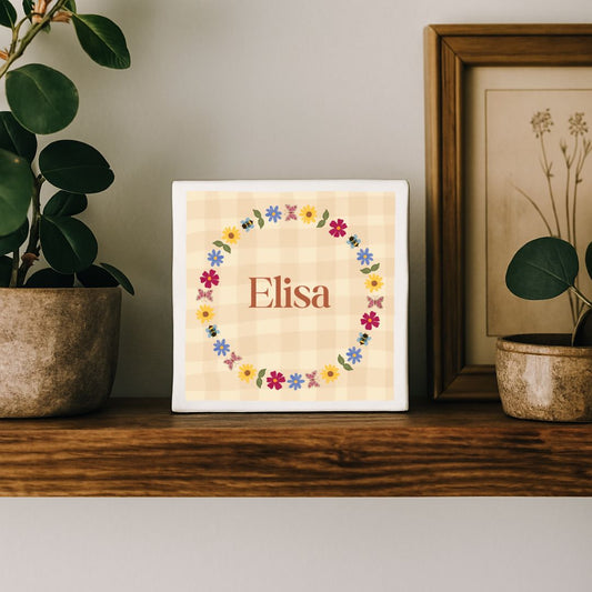 Custom tegeltje met illustratie - 10x10 cm - Bloemenkrans