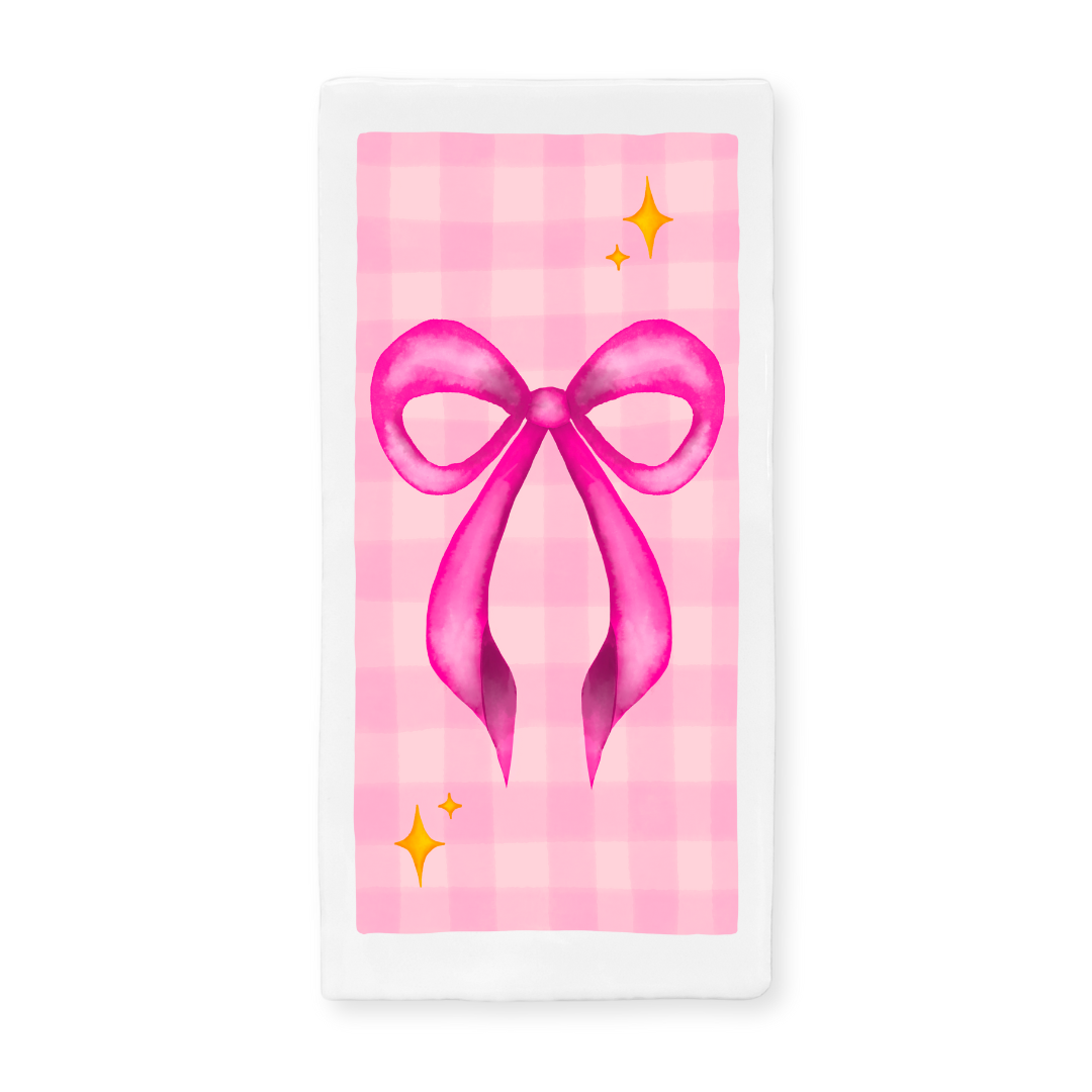 Tegeltje met illustratie - 7.5x15 cm - Roze strik