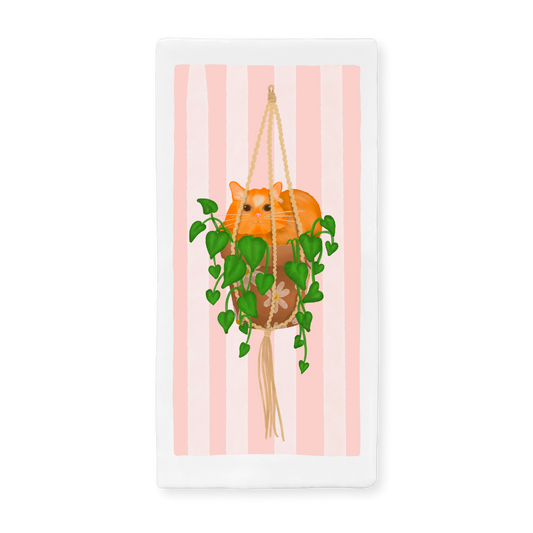 Tegeltje met illustratie van oranje kat in een hangplant op roze gestreepte achtergrond – Bits of Bliss